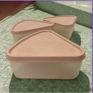 Tupperware Pie Wedge Slice Keeper Containers 1799 1800 Set of 3 Pink Lunch VTG